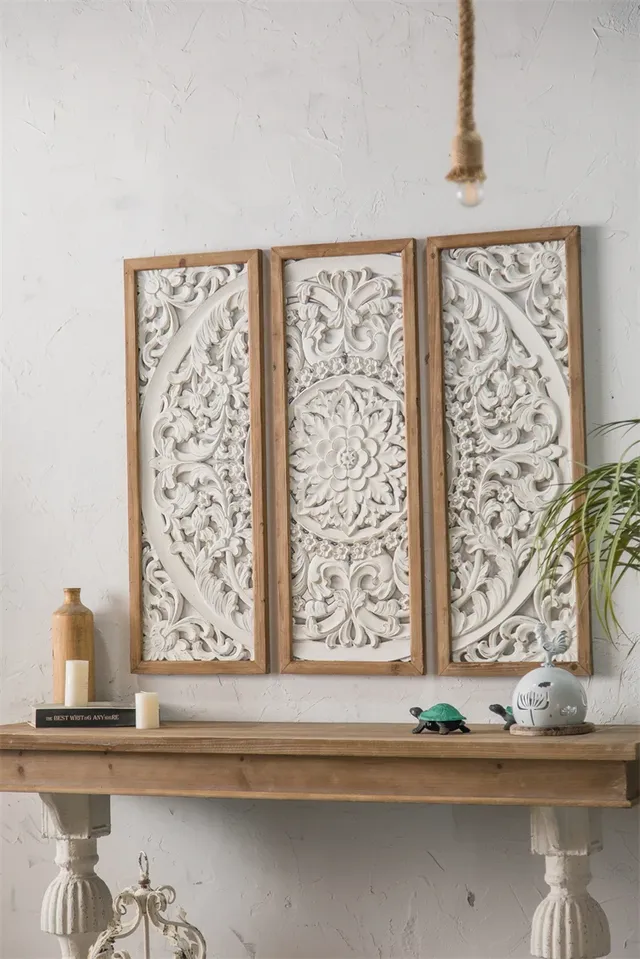 Panneau mural triptyque bois sculpté blanc vieilli… – vue 2