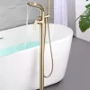 mitigeur colonne autoportant baignoire îlot contemporain doré brossé cascade ouvert monocommande levier base ronde douchette flexible intégrée métallique luxe