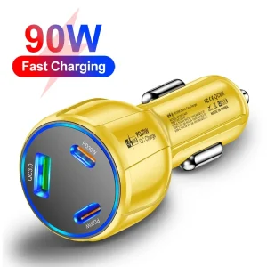 Chargeur de voiture 90W 3 en 1 QC3.0 PD Type C USB téléphone portable charge rapide pour IPhone Xiaomi Samsung voiture chargeur rapide adaptateur outils