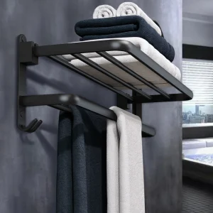 Porte-serviettes noir mat 40-60CM, support mobile avec crochet, étagère murale, barre de douche en aluminium, Rail de suspension, accessoires de salle de bains
