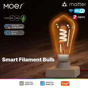 MOES – ampoule LED intelligente ST64 Edison, Tuya Matter/WiFi/Zigbee, 16 millions de couleurs rvb, 2700K-6500K, variable, fonctionne avec Alexa/Google Home