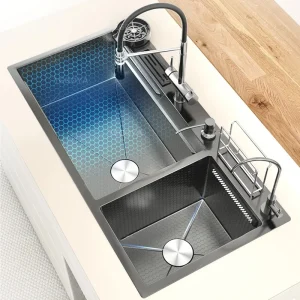 Grand évier de cuisine à Double fente en acier inoxydable, sortie cascade multifonctionnelle pour la maison, lavabo gris pour plats et légumes
