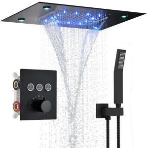 Ensemble de système de douche de pluie thermostatique à affichage numérique, pomme de douche de plafond LED à cascade de 14X20 pouces avec douchette à main