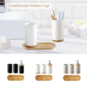 Ensemble de salle de bain en céramique, tasse en céramique Fine, distributeur de savon, porte-brosse à dents, accessoires de salle de bains, ensemble de 3 pièces avec décoration de Base en bambou