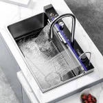 Évier de cuisine intelligent argenté, robinet cascade à affichage numérique, grand lavabo de légumes à fente unique en acier inoxydable