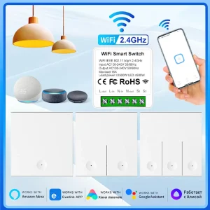 Interrupteur d&rsquo;éclairage intelligent WiFi sans fil, commutateur de sécurité transmetteur RF et contrôleur récepteur 16A avec Alexa Google Home Assistant