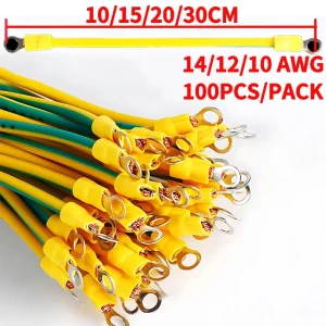 Câble de terre à long panneau photovoltaïque solaire, fil de mise à la terre avec borne à joint torique, BVR 10, 100 AWG, cuivre rouge, jaune, vert, 12/14 pièces