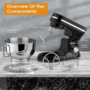Mélangeur sur socle électrique de cuisine 380W, avec bol à mélanger de 4Qt et 3 accessoires, mélangeur de pâte à tête inclinable domestique à 8 vitesses