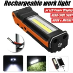Lampe de travail LED COB à intensité variable, lampe de poche Rechargeable par USB avec batterie externe magnétique et crochet, lampe d&rsquo;inspection pour réparation de voiture et Camping