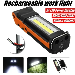 Lampe de travail LED COB à intensité variable, lampe de poche Rechargeable par USB avec batterie externe magnétique et crochet, lampe d&rsquo;inspection pour réparation de voiture et Camping
