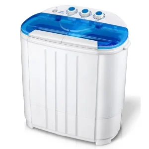 Mini lave linge portable double cuve semi automatique compact chargement supérieur essorage séparé commandes rotatives manuelles poignée intégrée pieds stables