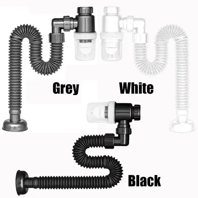 Siphon évier flexible accordéon PVC ABS noir blanc coude… – vue 4