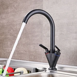 Robinet d&rsquo;évier de cuisine en laiton noir avec poignée pour touristes, robinets de centre commercial flexibles montés sur le pont, rotation à 360 °, eau chaude et froide