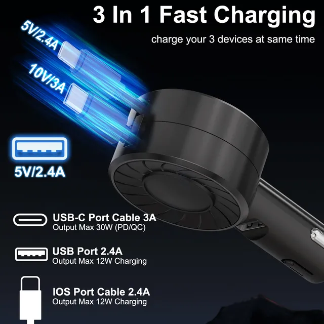 Chargeur voiture rétractable rapide noir trois… – vue 2