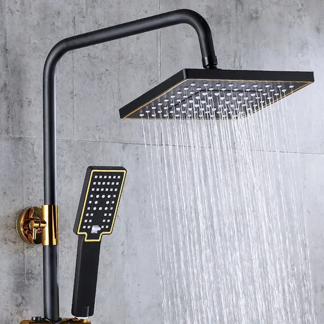 Colonne douche murale noire mate dorée tête pluie carrée… – vue 3