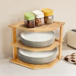 Étagère de rangement d&rsquo;armoire à 3 niveaux, pour le rangement de la cuisine, organisateur de assiettes robuste, étagère d&rsquo;angle en bambou, étagère à vaisselle pour comptoir d&rsquo;armoire