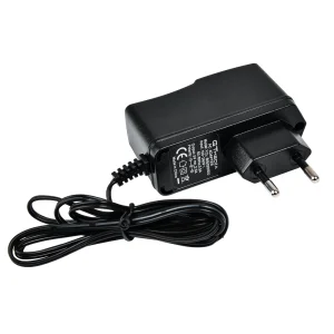 adaptateur secteur mural courant alternatif continu compact plastique noir mat boitier rectangulaire prise européenne deux broches câble fixe connecteur cylindrique