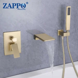 ZAPPO – ensemble de baignoire-douche en or brossé, mitigeur cascade, système de douche mural en laiton massif avec pomme de douche à main