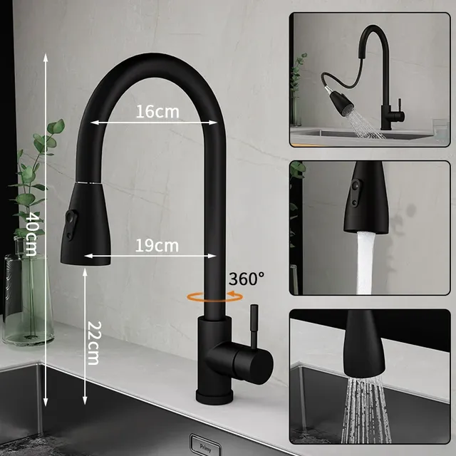 Robinet de cuisine noir Flexible extractible – vue 2