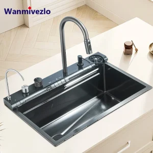 Ensemble d&rsquo;évier de cuisine multifonctionnel en acier inoxydable 304, bec de pluie, pulvérisateur à nervures, robinet pur, eau chaude et froide, centre commercial