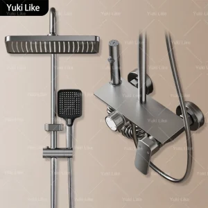 Ensemble de système de douche domestique en aluminium, bouton rotatif multifonction, eau chaude et froide, pressurisé, salle de bains, ensemble de douche gris bronze Ensemble de système de douche domestique en aluminium, bouton rotatif multifonction, eau chaude et froide, pressurisé, salle de bains, ensemble de douche gris bronze