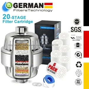 Filtre de douche pour eau dure – Adoucisseur d&rsquo;eau pour éliminer le chlore et le fluorure – 6 cartouches de rechange – 20 étapes