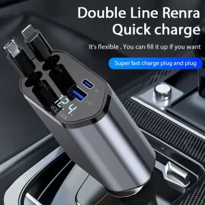 Chargeur de voiture rétractable 4 en 1 120W, adaptateur allume-cigare de voiture, câble de chargeur rapide USB Type C pour IPhone Xiaomi Huawei Samsung Chargeur de voiture rétractable 4 en 1 120W, adaptateur allume-cigare de voiture, câble de chargeur rapide USB Type C pour IPhone Xiaomi Huawei Samsung