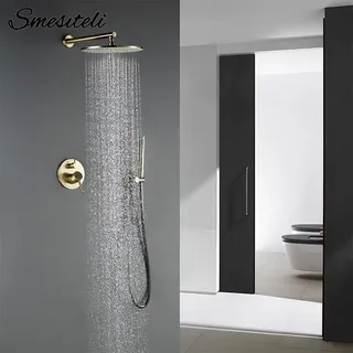 Ensemble douche pluie mural laiton brossé doré moderne rond extraplat…