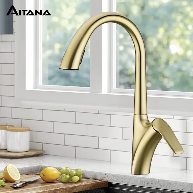 Robinet de cuisine de luxe en laiton doré brossé avec…