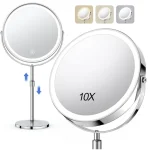 Miroir de maquillage éclairé, Rechargeable, hauteur réglable, Double face, grossissant 1x/10x, 3 couleurs, luminosité 360 °   Vanité rotative