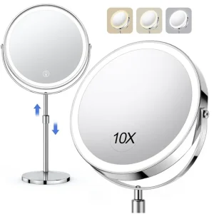 Miroir de maquillage éclairé, Rechargeable, hauteur réglable, Double face, grossissant 1x/10x, 3 couleurs, luminosité 360 °   Vanité rotative