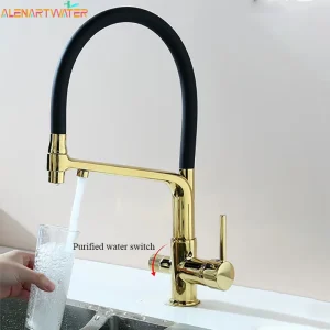 Robinet de cuisine noir à double bec avec filtre, mélangeur d&rsquo;eau potable, Rotation à 360 degrés, fonction de Purification de l&rsquo;eau chaude et froide