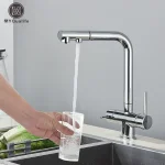 Robinet de cuisine filtré extractible en laiton chromé, double poignée, eau potable chaude et froide, robinets mélangeurs de Purification à filtre à 3 voies