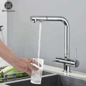 Robinet de cuisine filtré extractible en laiton chromé, double poignée, eau potable chaude et froide, robinets mélangeurs de Purification à filtre à 3 voies Robinet de cuisine filtré extractible en laiton chromé, double poignée, eau potable chaude et froide, robinets mélangeurs de Purification à filtre à 3 voies