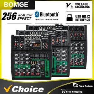 BOMGE Nouveau modèle de mixage compact, 256 DSP, avec EQ Master EQ 7 bandes, conception de châssis entièrement métallique, peut fonctionner avec 4, 6, 8 canaux.