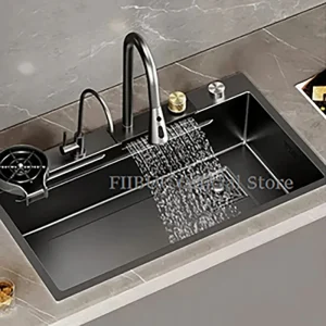 Évier de Cuisine en Acier Inoxydable, Cascade de Pluie Noire, Grand Filles Unique, Lavabo, Sous Comptoir
