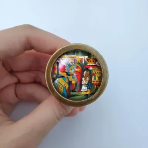 Bouton commode verre cabochon bombé Alice Pays Merveilles vintage laiton vieilli alliage zinc 37mm hauteur 29mm vis incluse enfant armoire