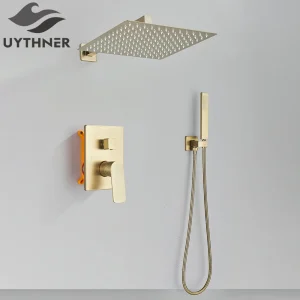 Ensemble de douche à montage mural, douche à effet pluie, douche à main, poignée unique, robinet de centre commercial, doré brossé, 8 po