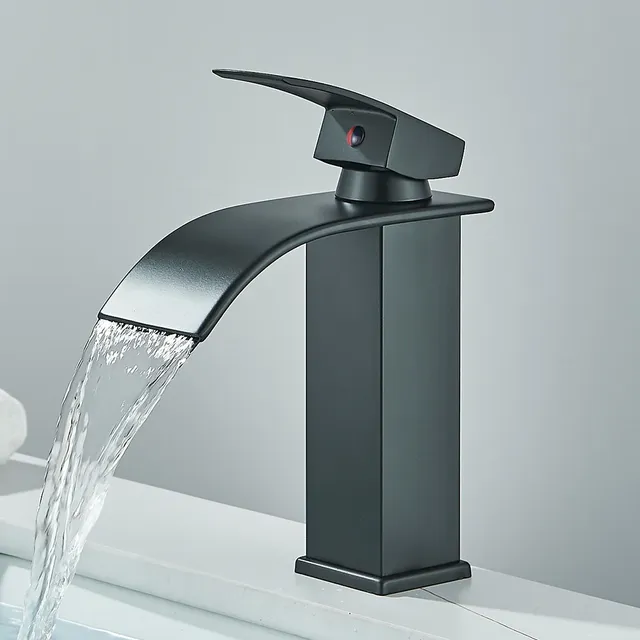 Quyanre robinet de lavabo cascade noir mat mélangeur à… – vue 4