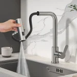 Robinet de cuisine en laiton et métal gris, robinet d&rsquo;évier de cuisine, mélangeur extractible, robinets d&rsquo;eau chaude et froide montés sur le pont