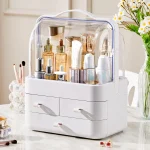organisateur cosmétiques comptoir couvercle rabattable bidirectionnel antipoussière étanche transparent acrylique poignée portable tiroirs coulissants compact minimaliste moderne mat rose pâle