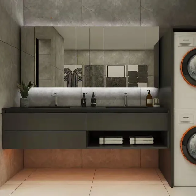 Armoire linge salle bains lavabo céramique bois moderne… – vue 2