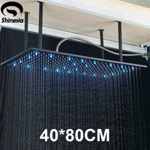 pommeau douche pluie grand rectangulaire 40x80cm plafonnier inoxydable noir mat brossé or led éclairage thermosensible jets uniforme design ultraplat contemporain