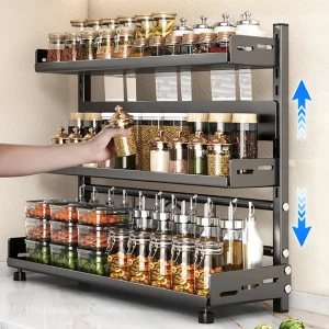 Support de rangement d’épices à 3 niveaux pour comptoir, Organization d’épices réglable pour armoire, organisateur de cuisine, étagère métallique noire Support de rangement d’épices à 3 niveaux pour comptoir, Organization d’épices réglable pour armoire, organisateur de cuisine, étagère métallique noire