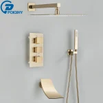 Ensemble de douche thermostatique mural en or brossé, baignoire dissimulée à 3 voies, robinet de centre commercial, bec rotatif