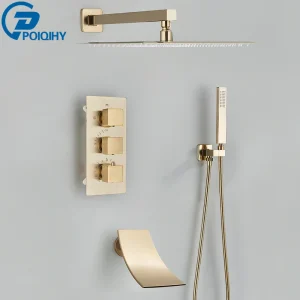 Ensemble de douche thermostatique mural en or brossé, baignoire dissimulée à 3 voies, robinet de centre commercial, bec rotatif