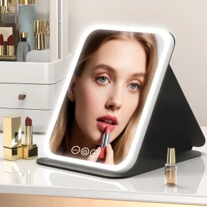 Miroir de maquillage LED 3 couleurs, vanité Portable légère avec luminosité réglable, chargement USB pliable pour voyage et usage domestique