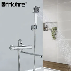 Robinet de baignoire thermostatique chromé mural, robinet de douche à Long bec rotatif avec douchette à main, robinets mélangeurs d&rsquo;eau chaude et froide de salle de bains