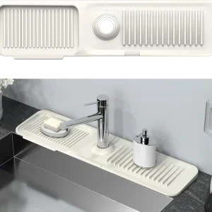 Protection contre les éclaboussures de robinet d’évier de cuisine, coussin de robinet d’évier plus long en silicone, salle de bain, ferme, bar, support éponge à savon beige pour la vaisselle. Protection contre les éclaboussures de robinet d’évier de cuisine, coussin de robinet d’évier plus long en silicone, salle de bain, ferme, bar, support éponge à savon beige pour la vaisselle.