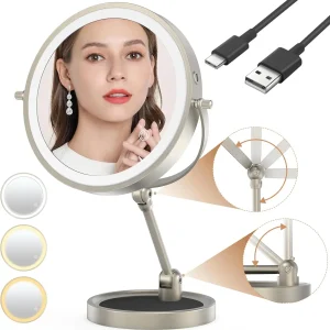 Miroir de maquillage de 9 pouces avec lumière LED, hauteur Double face, grossissement 10X, grand miroir de maquillage éclairé réglable, miroir de bureau de vanité